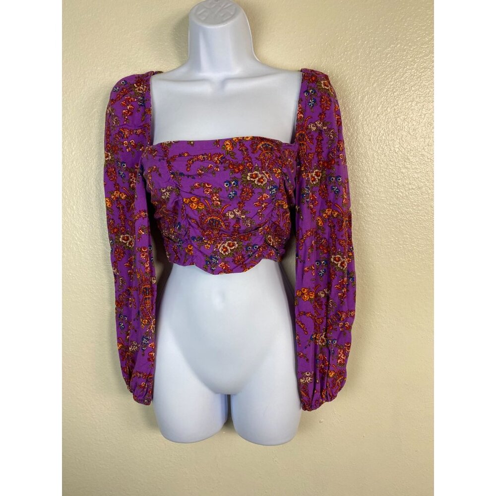 Urban Outfitters Floral Purple Puff Sleeve Crop Top Womens Small Smocked Peasant
